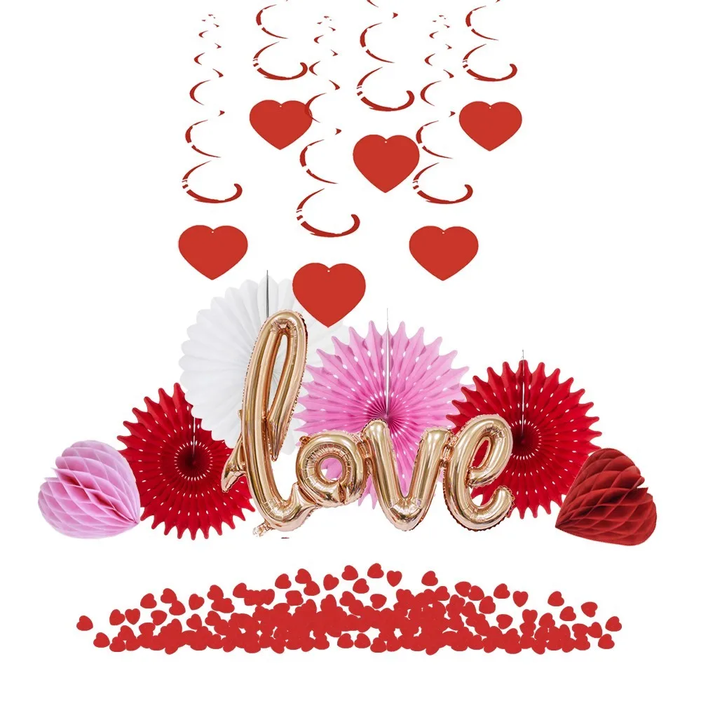 

Wedding Decor With Heart Shape Hanging Swirls Love Foil Balloon Paper Rosette Fans For Events Wedding Marriage Decoration