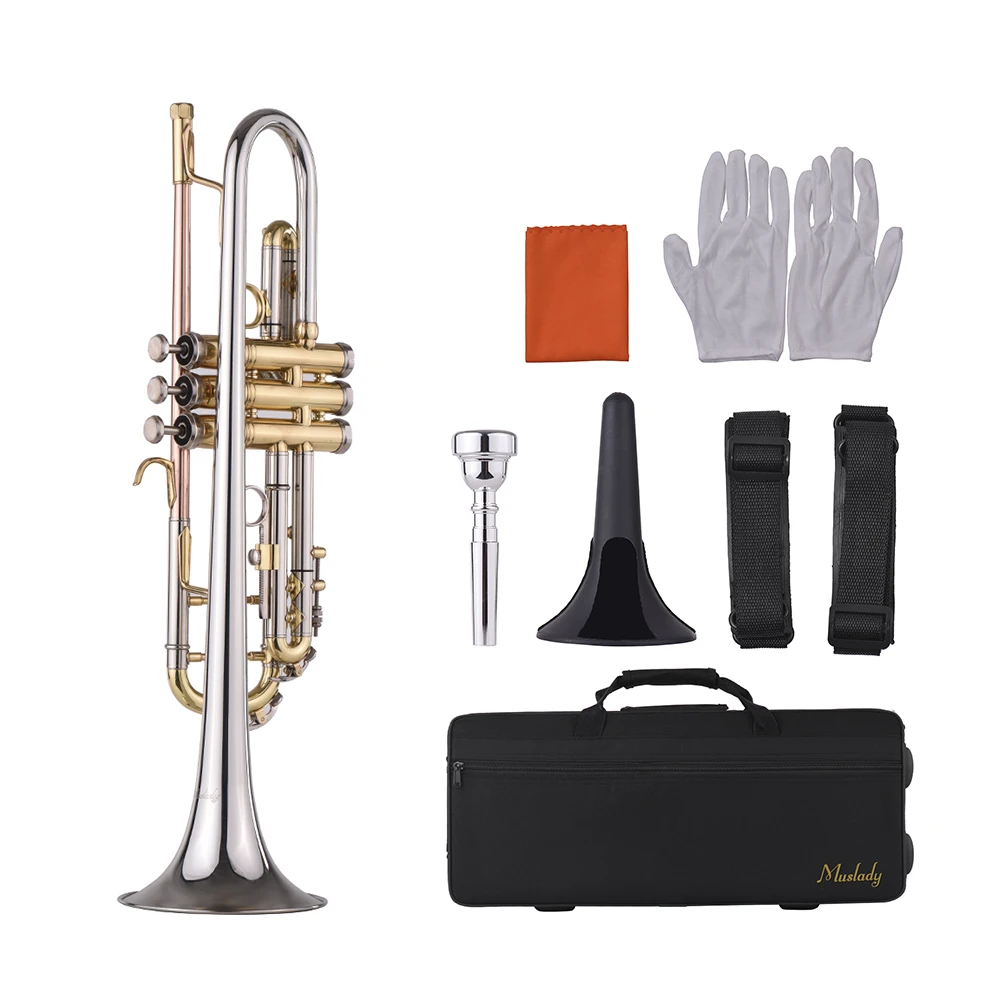 

Muslady Standard Bb Trumpet Multicolored Design with Mouthpiece Trumpet Stand Carry Bag Gloves Cleaning Cloth Brass Instrument