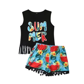 

2019 Summer Cute 2PCS Toddler Kids Baby Girls Princess Outfits Tassels Vest Tops+Short Pants Clothes Set Dropshipping