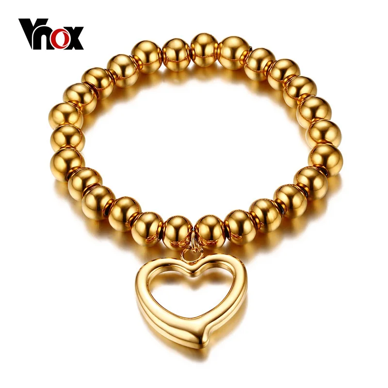 

Vnox Stainless Steel Round Bead Bracelet for Women Gold-Color Casual Bracelets with Heart Charm Femme Adjustable