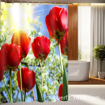 

3D printing The sunshine of red tulips shower curtains flower curtains for bathroom unique shower curtains