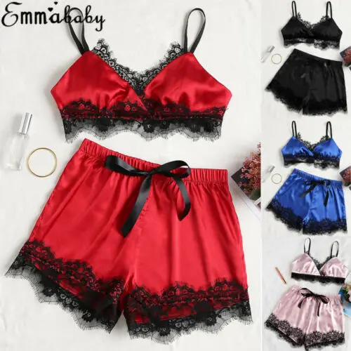 

2019 New Women Sleepwear Top and Shorts Pajamas set Womens Silk Satin Pyjama Nightwear Loungewear Homewear