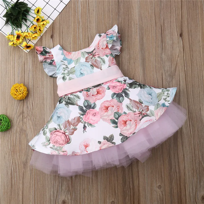 

Newborn Toddler Kids Girls clothes bow zipper round neck Princess Lace Floral print Tulle Sleeveless cotton Dresses one pieces