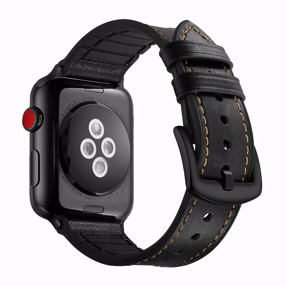 Мягкий силикон+ кожа спортивный ремешок для наручных часов Apple Watch серии 1/2/3/4/5 38 мм 42 мм резиновый ремешок для часов 40 мм 44 наручные часы резиновый ремень