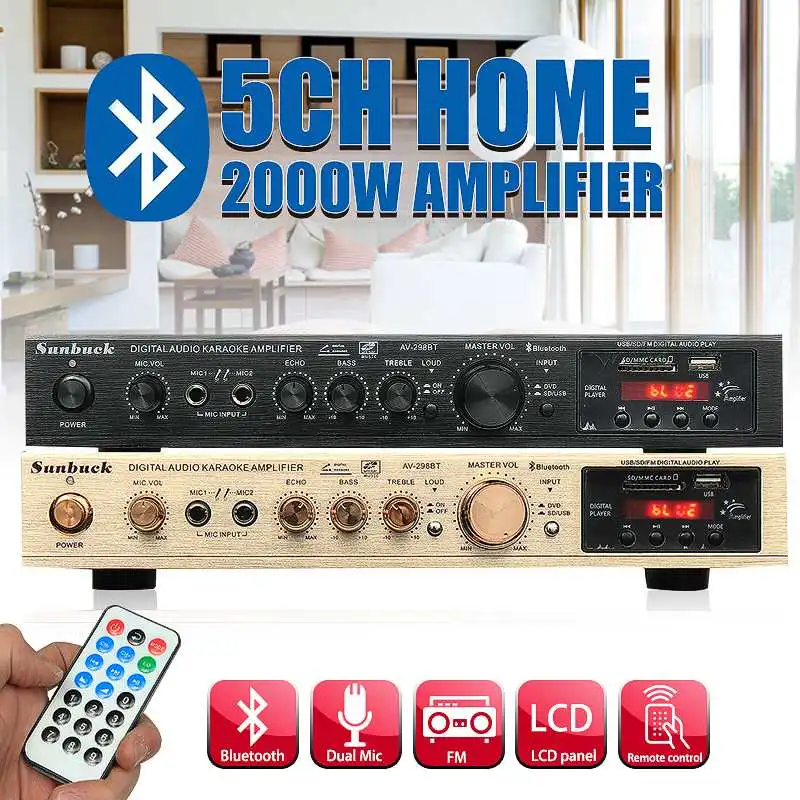 Najtaniej Bluetooth 298BT wzmacniacz mocy wyświetlacz LCD Audio HiFi 800W 220 V 240 V 50Hz 5CH kino domowe obsługa radia FM SD USB