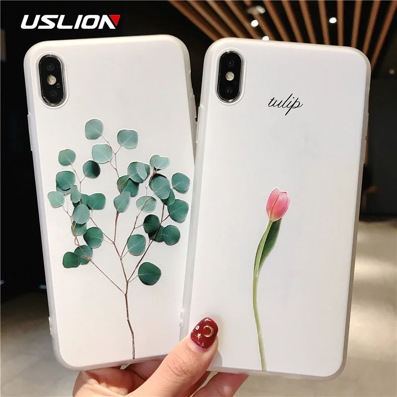 USLION الأخضر يترك حقيبة لهاتف أي فون Xs XR XS ماكس X 3D الإغاثة زهرة ورقة غطاء الهاتف لفون 6 6 ثانية 7 8 زائد TPU السيليكون حالات