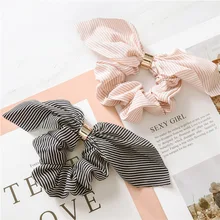 Accesorios coreanos para el cabello a rayas con Orejas de conejo, cintas elásticas para el pelo con hebilla de plástico, lazos, coleteros