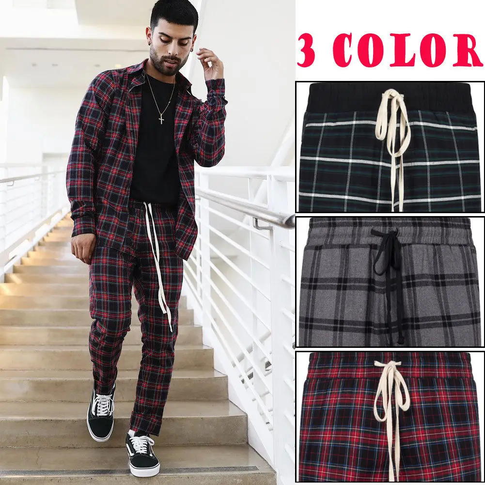 Fashion New Mens Plaid Long Pants Hip 