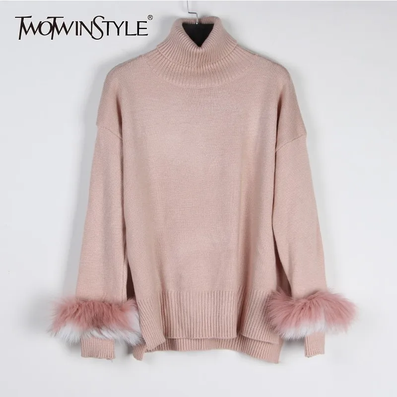 TWOTWINSTYLE Knitted Sweater Women Long Sleeve Turtleneck Asymmetrical Pullover Tops Female Oversized Autumn Casual Fashion 2020 | Женская