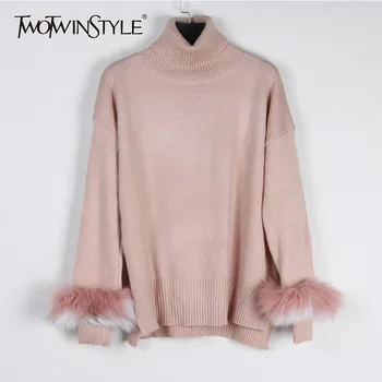 

TWOTWINSTYLE Knitted Sweater Women Long Sleeve Turtleneck Asymmetrical Pullover Tops Female Oversized Autumn Casual Fashion 2020