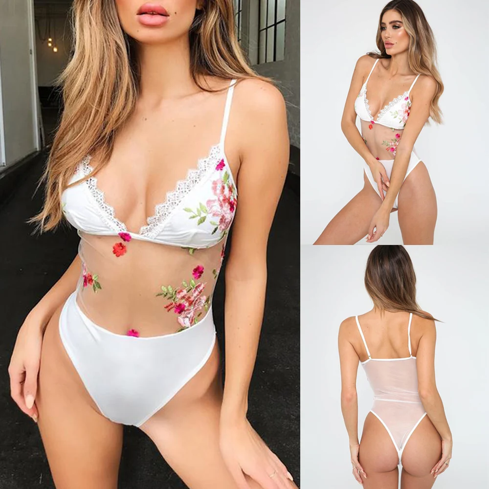 

2019 Women's Mesh One Piece Swimwear Bathing Monokini Push Up Padded Bra Bikini