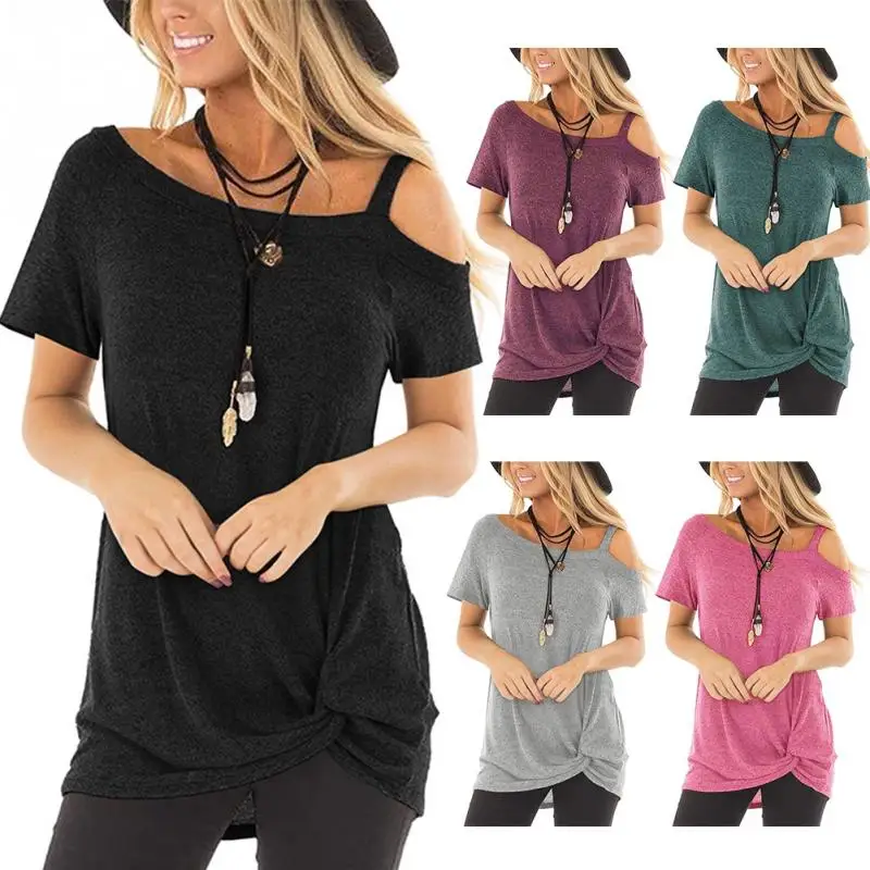 Women Casual One Shoulder Short Sleeve Tee Shirt Solid Color Twist Knot ...