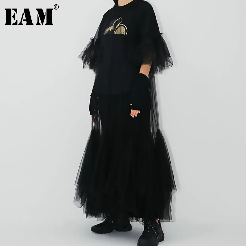 

[EAM] 2019 New Spring Summer Round Neck Half Sleeve Black Loose Long Ruffles Mesh Long Big Size Dress Women Fashion Tide JR771
