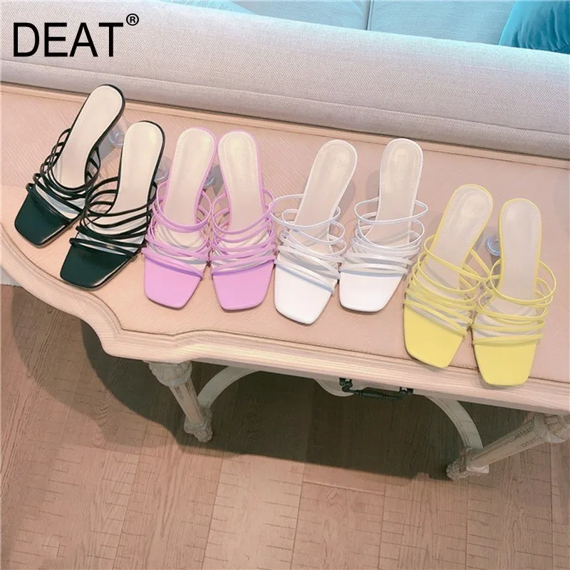 

[DEAT] 2019 New Spring Summer Square Toe Pu Leather Narrow Band Crystal High Heels Outside Slippers Women Fashion Tide 10A272