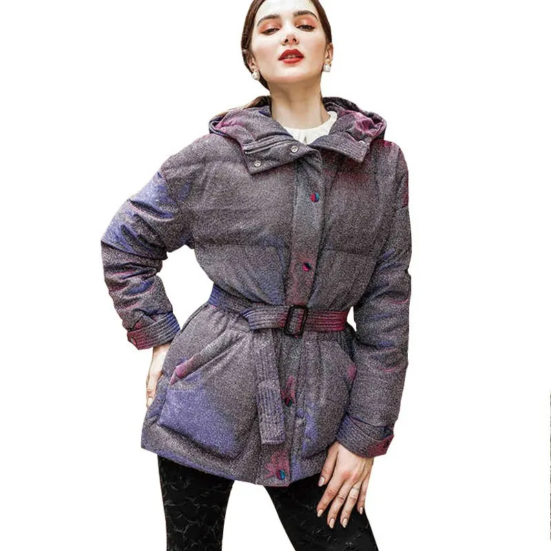 

Winter Purple Fluorescent Ultra Light Down Jacket Female 2018 New Waist Hooded Loose Fashion Women Feather Coat Plus Size HJ68