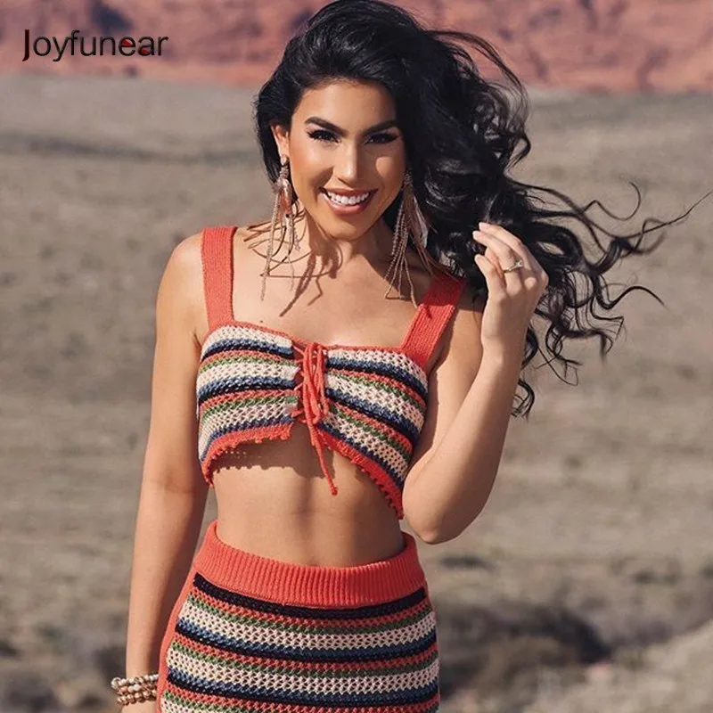 

Joyfunear Striped Multi Knitted 2 Piece Set Women Strapless Crop Top Skirt Set Sleeveless Casual Going Out Summer Two Piece Set
