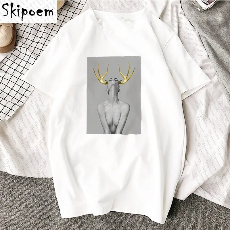 

New Cotton Fashion Tshirt Golden Antlers Sexy Woman Harajuku Modern Aesthetics Art Print Short Sleeve Tops Tees Casual T Shirt