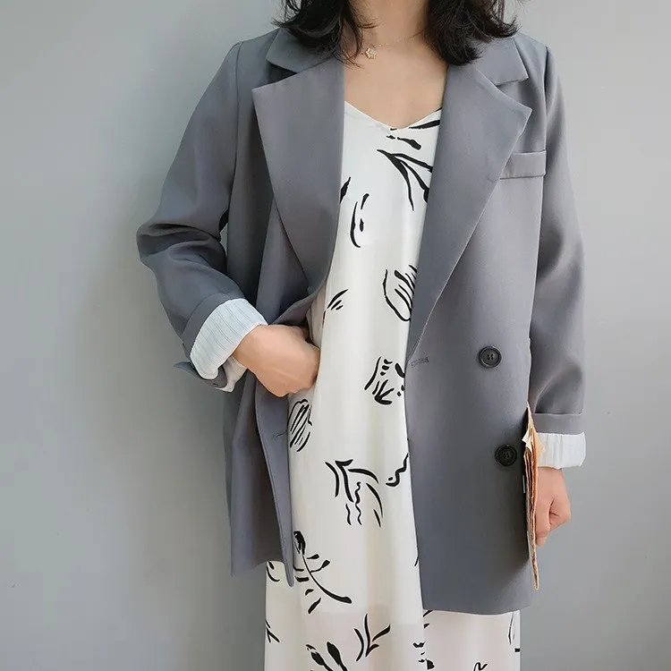 Spring Chic Loose Blazer Notched Women Coat Double Breasted Long Suit Jacket Female Office Casual Blazer