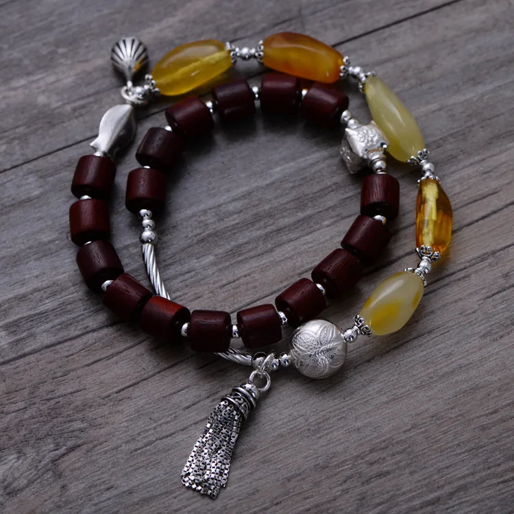 

925 Sterling Silver Vintage Lobular Red Sandalwood & Nature Yellow Beeswax Bracelet Women Thai Silver Gift Jewelry CH058578