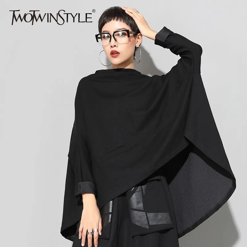 TWOTWINSTYLE Осенние Топы женская футболка стоячий воротник крыло летучей мыши