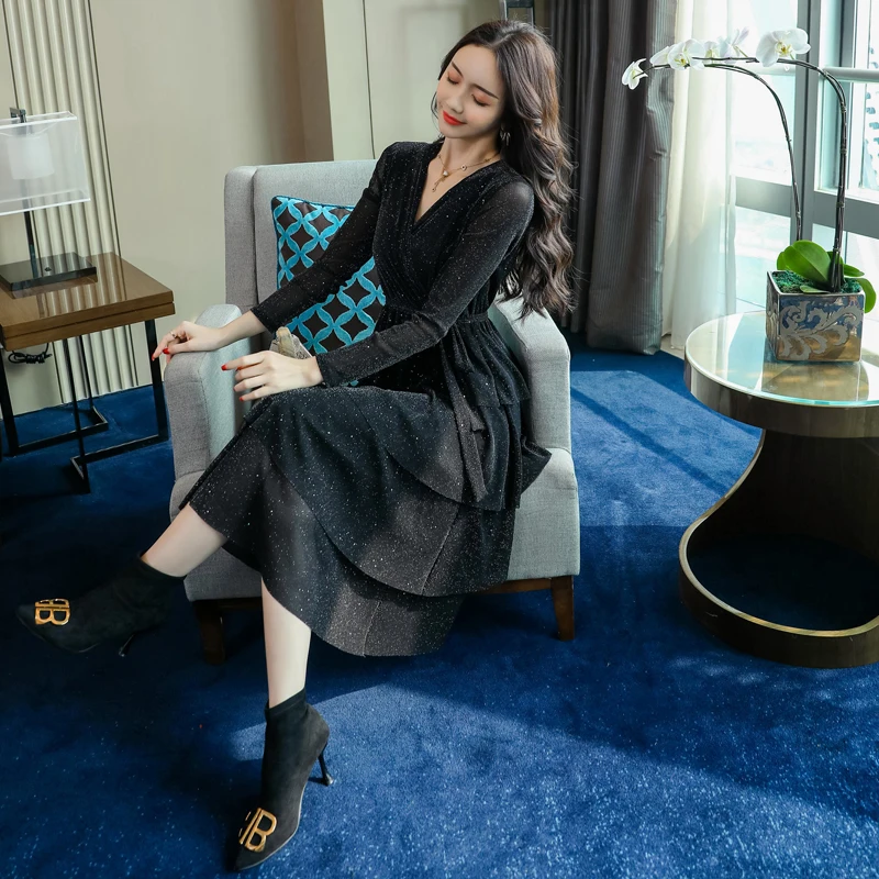 Новое поступление платья Горячая Распродажа женское модное платье с длинным рукавом в Корейском стиле приталенное черное Сетчатое блестящее платье
