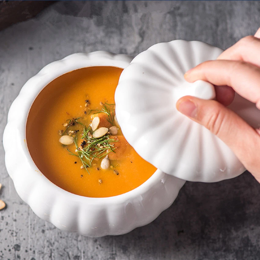 con coperchio per Halloween Lurrose in porcellana Ciotola da zuppa in ceramica a forma di zucca a forma di zucca