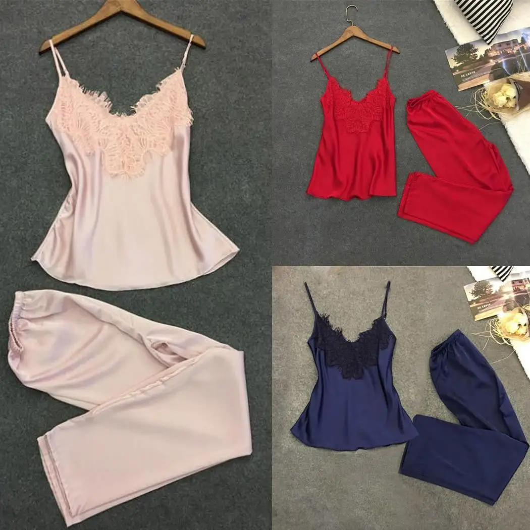 

Women Casual Sleepwear Lace Sling Trousers Sexy Smooth Pajamas Set