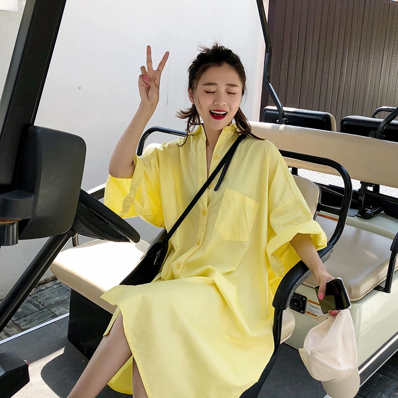 

Shirt Dress Oversize Yellow Casual Turn Down Collar Kuwait Vintage Sundress Women Summer 2019 Boho Female
