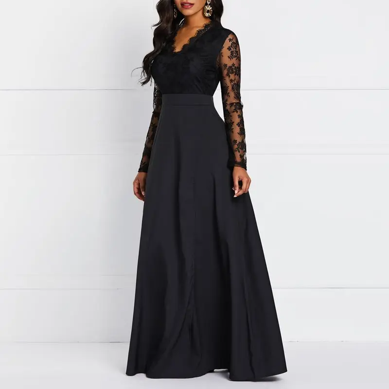 

Sexy Maxi Dress Women Party Robe Lace Sleeve See Through Hollow Black Elegant Evening Patchwork High Waist Summer Long Dresses