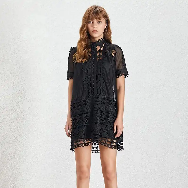 Twotwinstyle Hollow Out Casual Women Dress Stand Short Sleeve