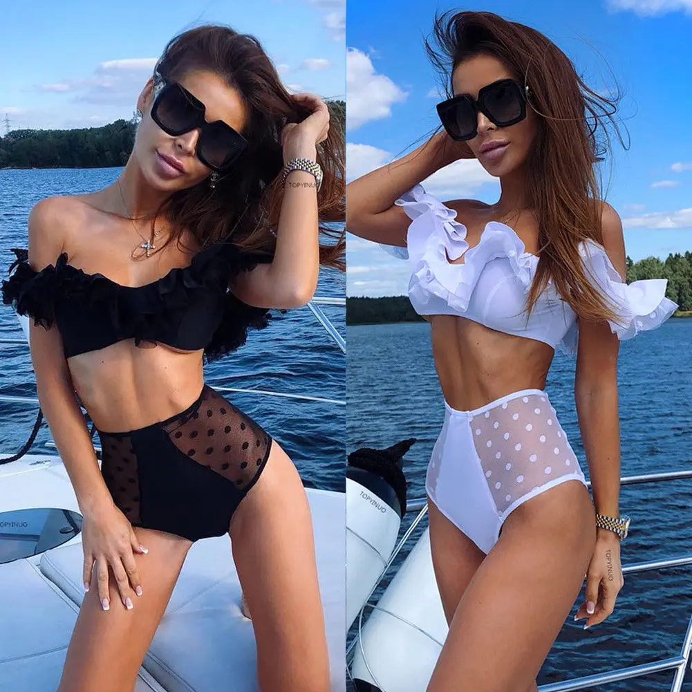 Ruffles Flower Dot Bikini Set Women Swimwear 2019 Summer New Shoulderless Mesh High Waist Biquini Swimsuit Women Bathing Suit Ruffles Flower Dot Bikini Set Women Swimwear 2019 Summer New Shoulderless Mesh High Waist Biquini Swimsuit Women Bathing Suit