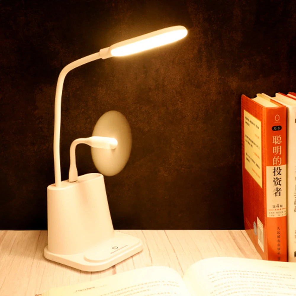 

Dimmable LED Desk Lamp USB Rechargeable Touch Sensor Eye Protection Tablet Reading Light Study Lamp With Pen Container Mini Fan