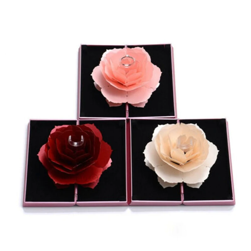 3D всплывающая коробка для колец с розами, держатель для хранения свадебных украшений на помолвку, чехол, прямоугольная вращающаяся коробка для колец с розами
