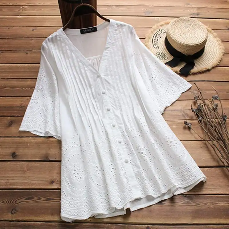 Summer Women Cotton Linen Blouse Elegant Embroidery Hollow Blusas Female V Neck Button Shirts Pleated Tunic Top Plus Size