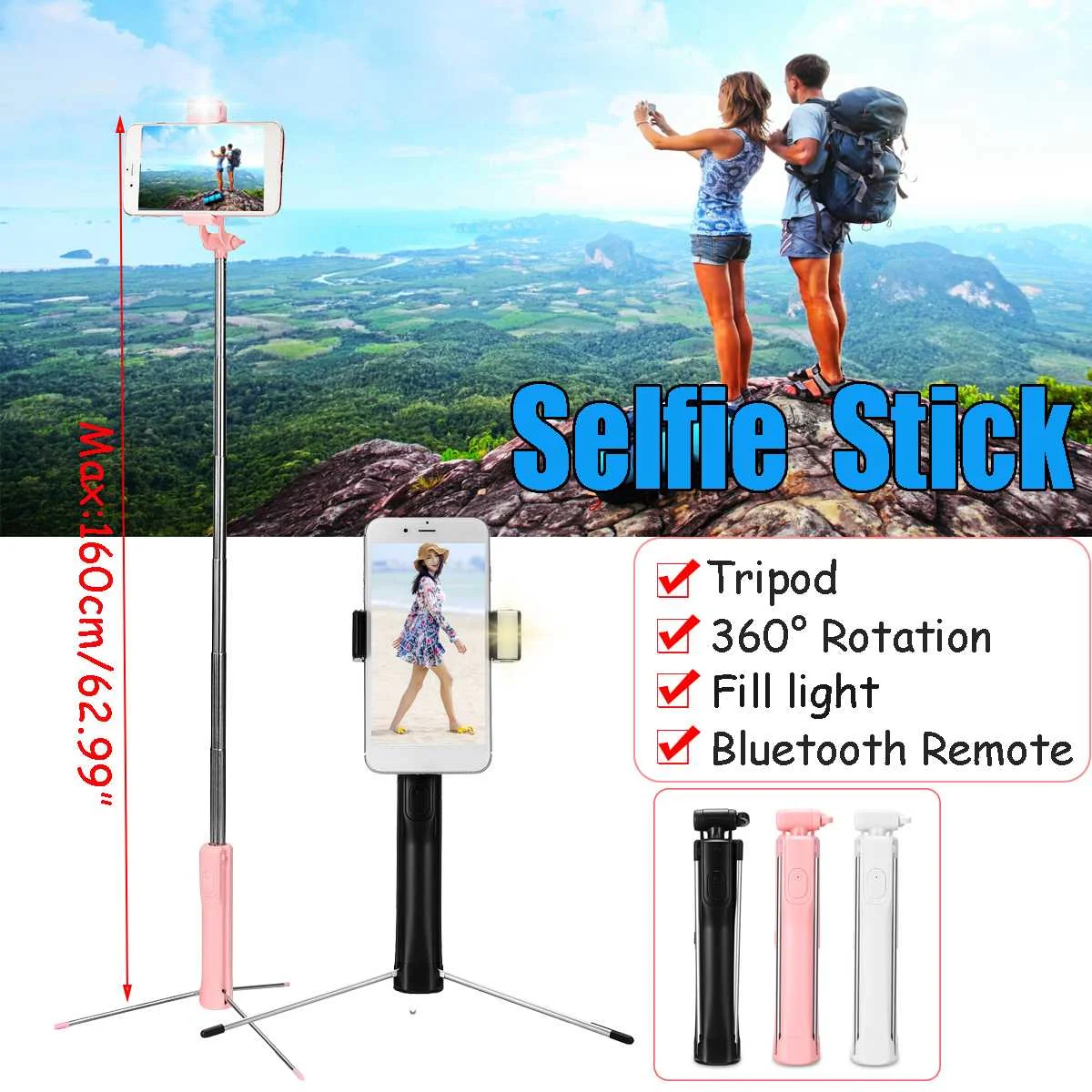 

160cm Wireless bluetooth Selfie Stick Tripod Mini Handheld Extendable Monopod with LED Fill Light for Huawei Android IOS