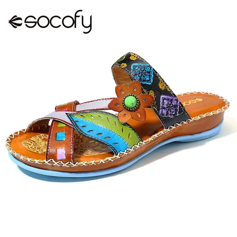 

SOCOFY Bohemia Floral Splicing Pattern Genuine Leather Stitching Adjustable Hook Loop Sandals Ladies Shoes Summer Shoes New 2019