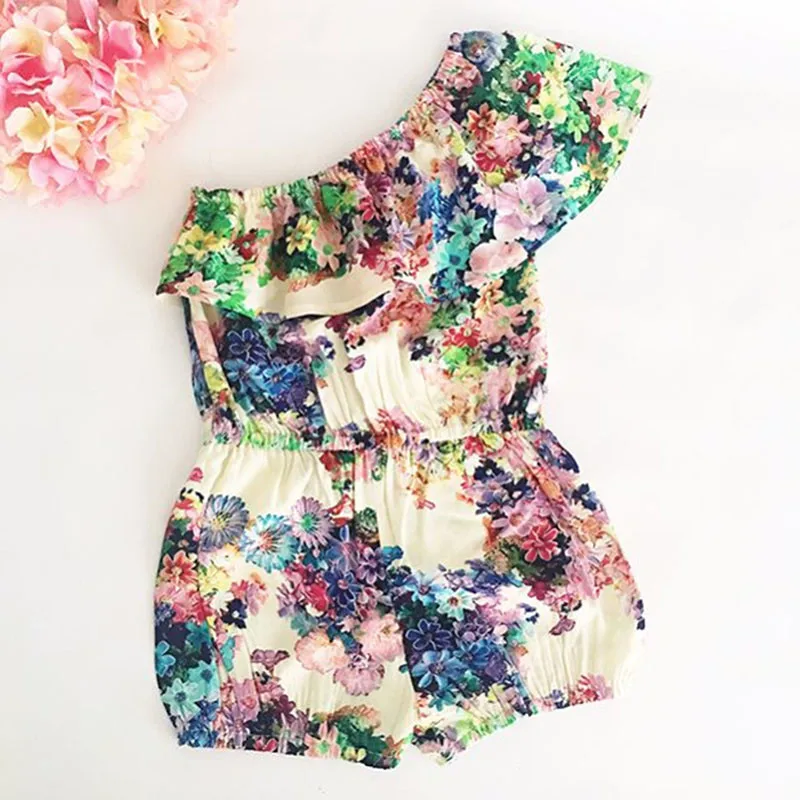 

0-5T Newborn Baby Girl Floral Clothing Kids One Shoulder Romper Elegant Ruffles Jumpsuit Cute Princess Off shoulder Outfit