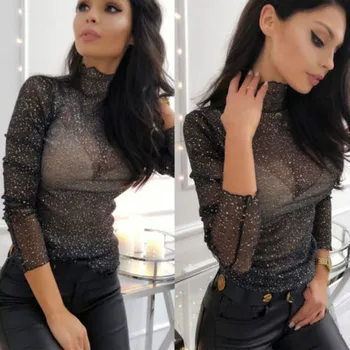 

Sexy Womens 2019 Print Sheer Mesh See-through Shirt Blouse Jumper Ladies Summer Bodycon Long Sleeve Crop Tops Shirts Blouses