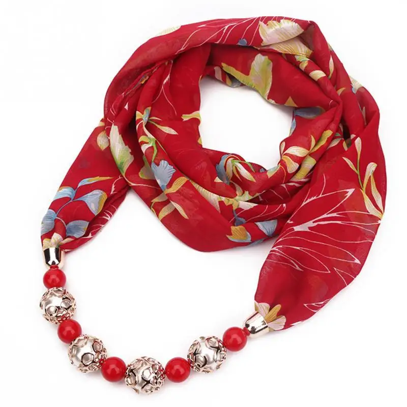 Модные головные шарфы для женщин с цветочным узором шифон шарф, украшенный бисером цепочки и ожерелья для макси себе