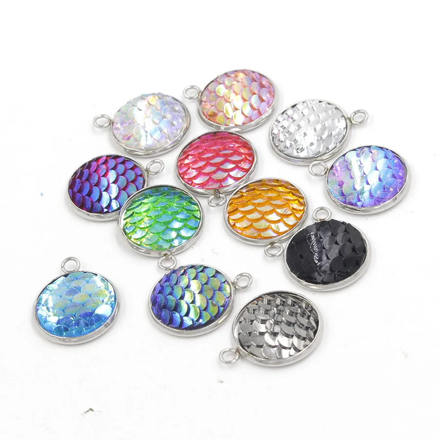 

Stainless Steel Round Charms 8/12mm with Mermaid Fish Scale Resin Pendant Jewelry Making Necklace Bracelet DIY