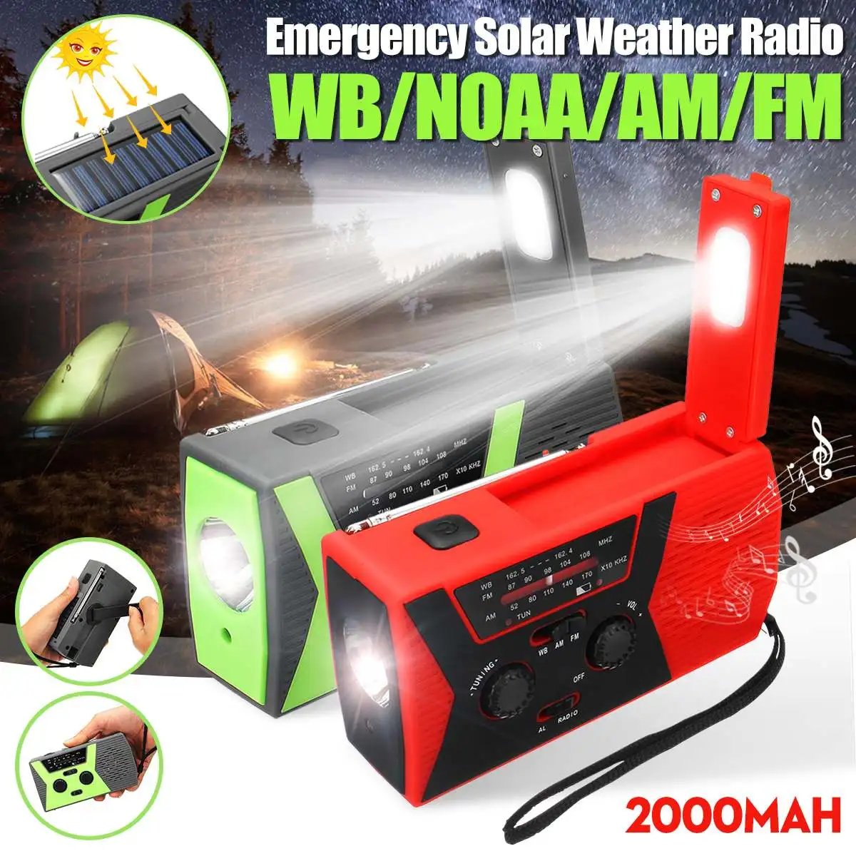 

Emergency Solar Hand Crank AM/FM/WB/NOAA Weather Radio Power Bank Charger 2000mAh