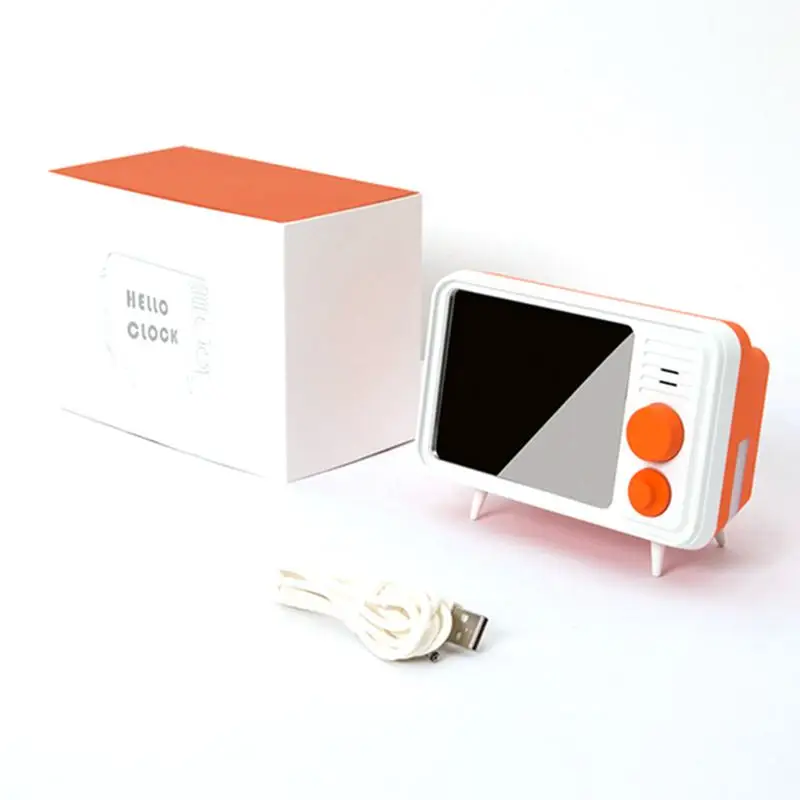 Retro Tv Shape Alarm Clock Lamp Mirror Multi-Function Mirror Clock Thermometer Bed Multi-Function Clock-Orange
