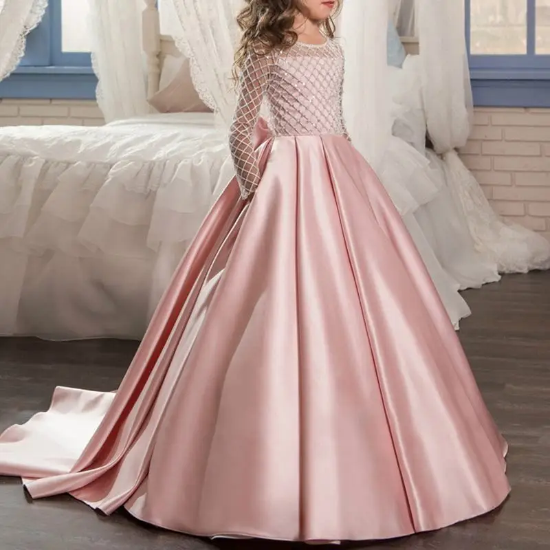 

Sweet Princess Girls Dress Long Sleeve Pleated Big Bowknot Trailing Christmas Dress Wedding New Year Party Costumes For 4Y-15Y