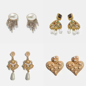 

Flatfoosie Simulated Pearl Dangle Earrings For Women Heart Gold Color Geometric Long Tassel Drop Earrings Wedding Party Jewelry