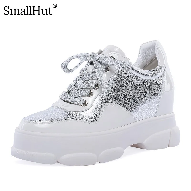 

Women Platform Sneaker Genuine Leather New 2019 Spring Autumn Casual Round Toe Silver Ladies Cross-tied Flat With Shoes E020
