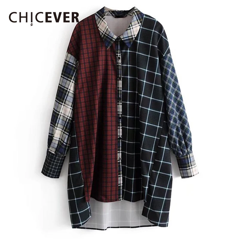Cena CHICEVER Jesienne damska Koszulka Bluzki Top Loose Big Size Plaid Patchwork Hem Asymetria Podział Bluzka Dla Kobiet Mody Fala nowy