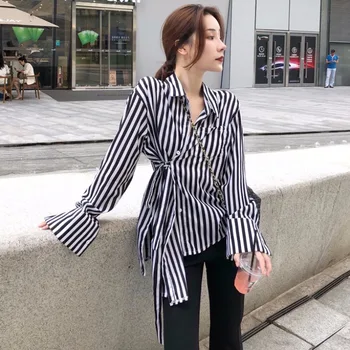 

Lychee Girls Striped Irregular Women Blouses Shirts Long Sleeve Turn Down Collar Female Blouses Causal Loose Shirts