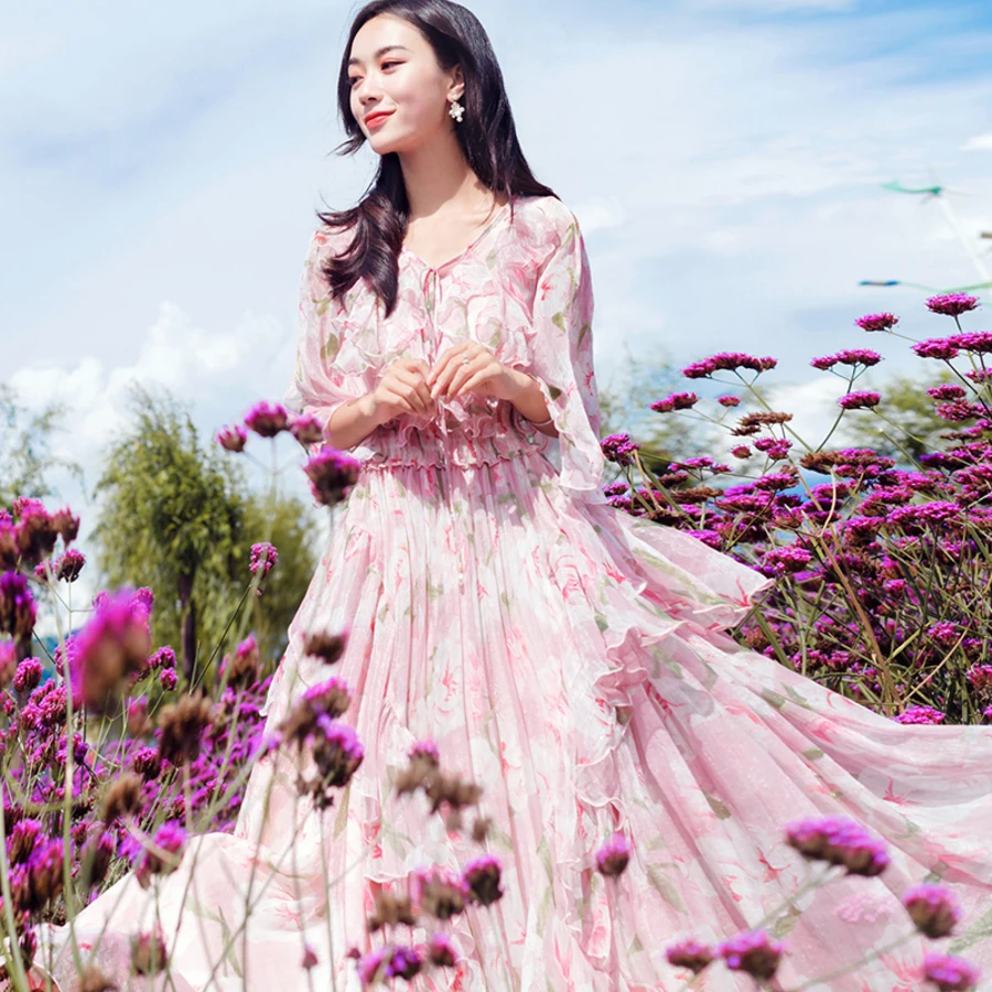 

Women Chiffon Dress 2019 Spring Summer V-neck Half Sleeve Casual A-line Dress Elegant Floral Print Beach Party Dresses Vestidos
