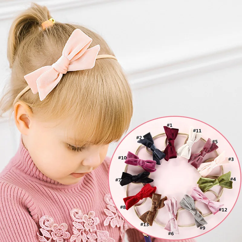 

Cute velvet headbands for girl stretch knotted hair band soft solid hair accessories adjustable nylon bow headdress newborn gift
