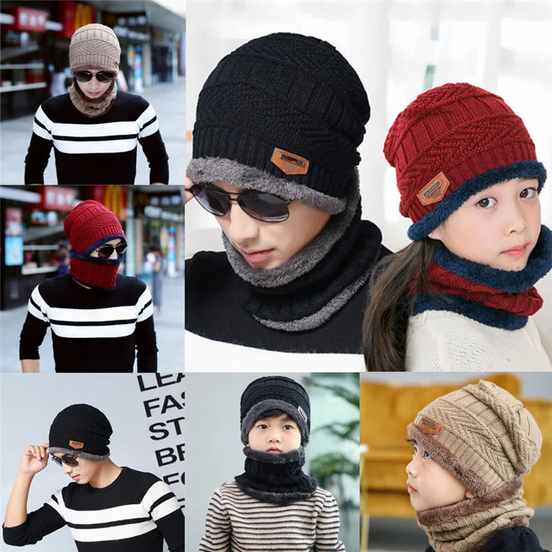 

PCs Fashion Casual Solid Men Women Kids Warm Winter Knit Beanie Hat Scarf Fur Fleece Liner Cap One Size Family Matching